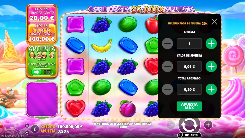 Sweet Bonanza 1000 — menú de apuesta
