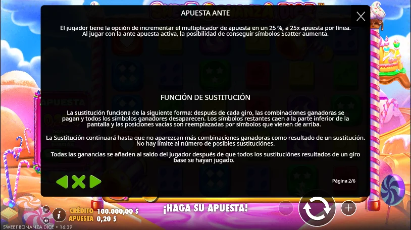 Sweet Bonanza Dice — apuesta ante y función de sustitución