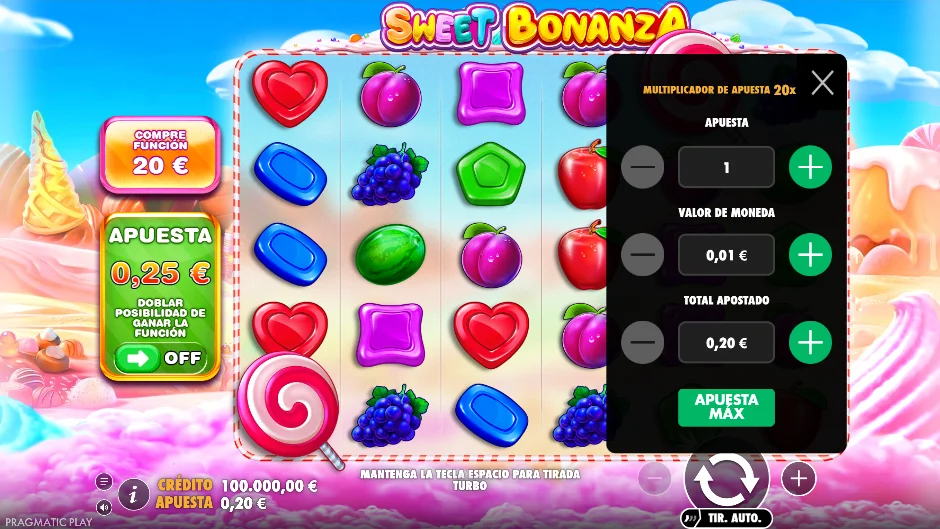 Sweet Bonanza — menú de apuesta